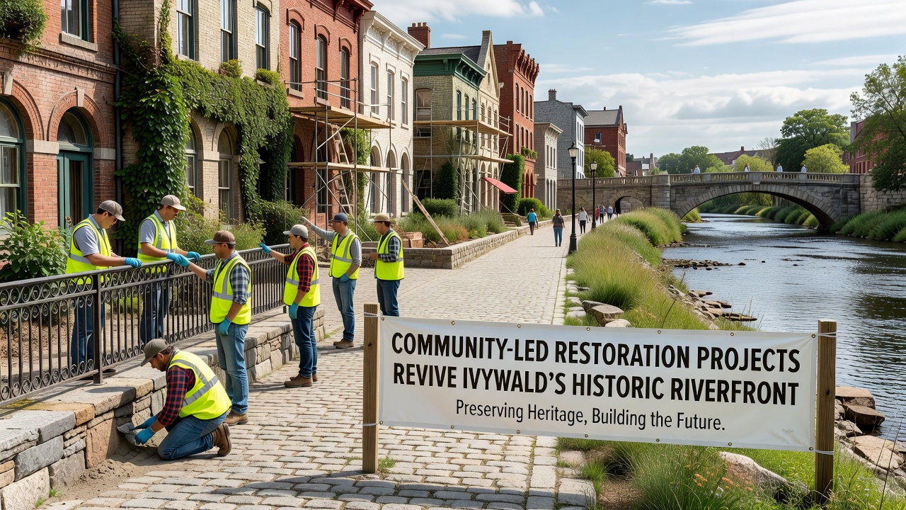 Restored riverfront section with new native vegetation and walking paths in Ivywald