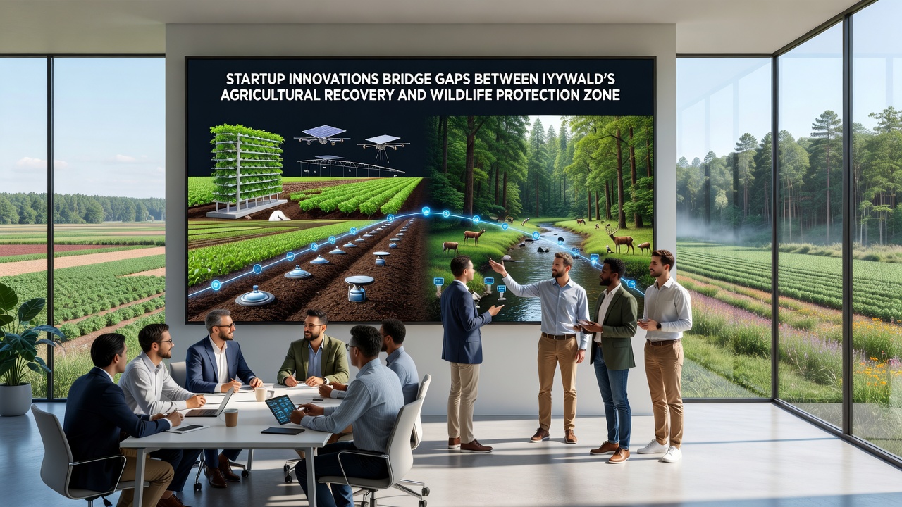 Farmers and conservationists reviewing drone footage of crop fields bordering protected wildlife corridors